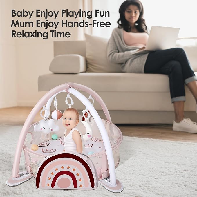 dearlomum Rainbow 4-in-1 Baby Play Mat Gym, with Ball Pit | Includes 30 Balls & 5 Learning Sensory Toys, Floor Gym Playmat for Newborn Infant Tummy Time, Ball Pit, Boy & Girl Gift