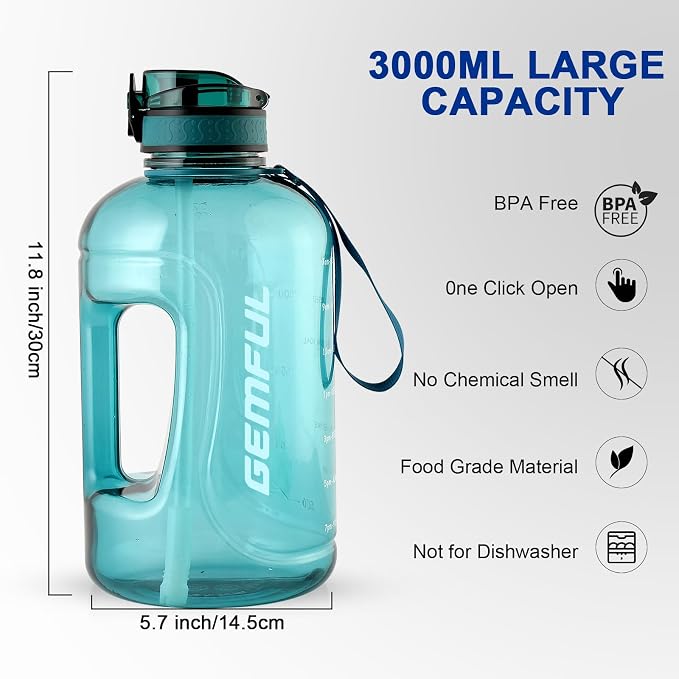 GEMFUL 100oz Big Water Bottle with Straw 3000ml Large Sport Jug (Cyan) | BPA Free, Leak-proof, Time Marker, Wide Mouth for Easy to Clean, Sturdy Handle for Carry, for Gym, Home, Office, Outdoor