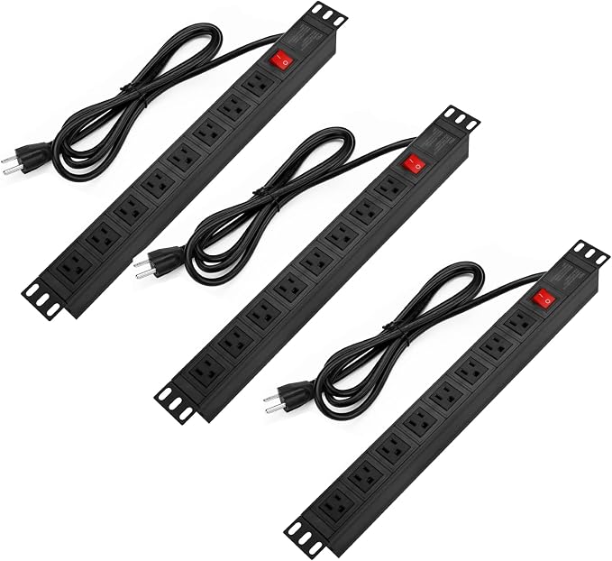BTU 3PCS Power Strip Surge Protector Rack-Mount PDU, 8 Right Angle Outlets Wide-Spaced, Mountable Power Strip Heavy Duty for Server Racks, Commercial, 300J,ETL (Black 6FT)