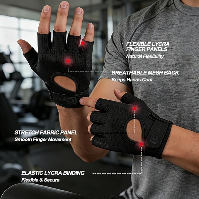 Workout Gloves for Men Women, Weight Lifting Gloves with 5MM Padded Palm, Non-Slip Gym Gloves, Fingerless Breathable Fitness Gloves for Training, Exercise, Pull Ups