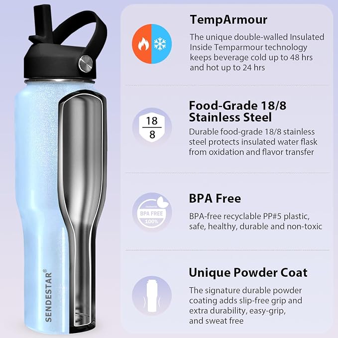 SENDESTAR 32oz Stainless Steel Water Bottle(Cold for 48 Hrs, Hot for 24 Hrs),Double Wall Vacuum Insulated Bottle with Straw Lid, Spout Lid and Flex Cap, Fit in Any Car Cup Holder