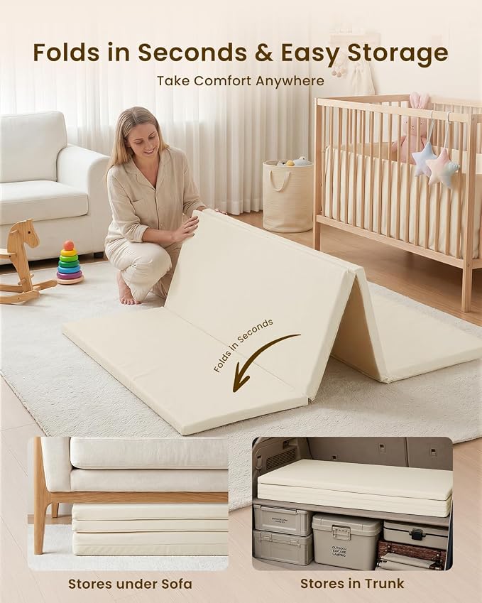 SEPARO Foldable Baby Play Mat,Vegan Leather 71x59 Baby Mat for Floor,Beige | Trifold Waterproof Playmat for Babies,Soft Foam Tumbling Mat,Wipe-Clean&Non-Slip Outdoor Mats,Playmate for Baby Tummy Time