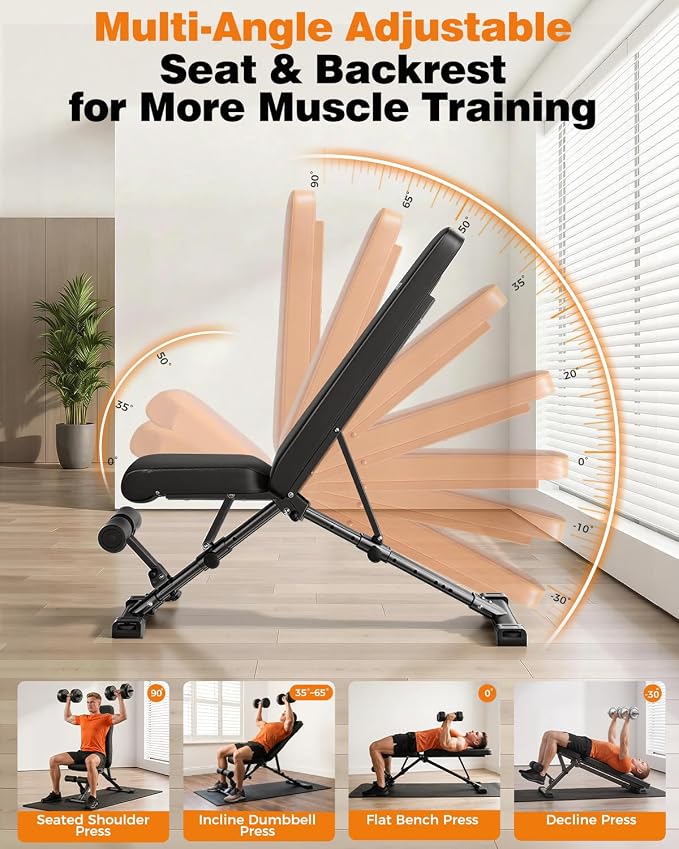AIRHOP Foldable Workout Bench, 90° to -30° FID Weight Bench for Home Gym | Backrest, Seat, Leg Bar Adjustable, MAX 1000 LBS, 8-Pos Backrest, 3-Pos Seat, 4-Level Leg Support, 19.4" Extended Base Stable
