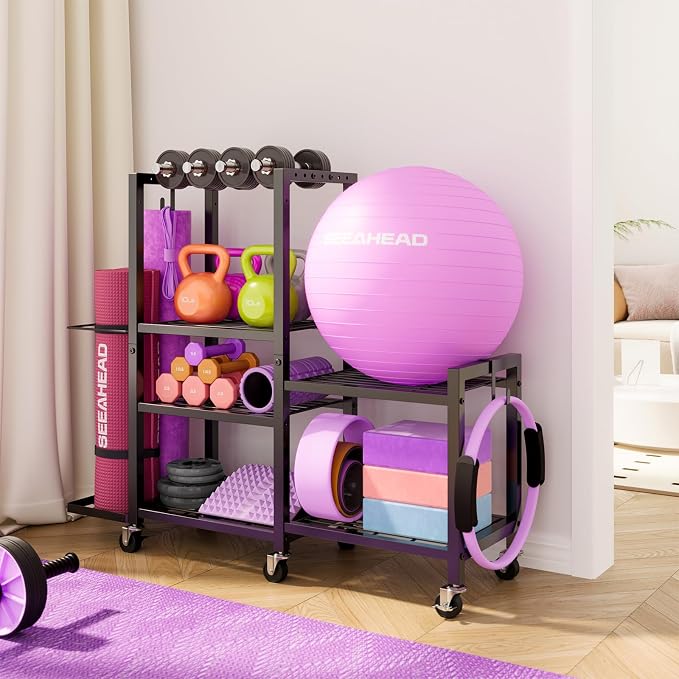 6Tier Rolling Home Gym Storage, Multi-Purpose Dumbbell Weight Rack | 6-Tier Rolling Cart Stores Dumbbells, Yoga Mats and Workout Gear; Wheels Make Home Gym Organization Clean, Tidy and Mobile
