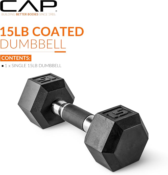 CAP Rubber Coated Dumbbell Weights, Free Weights for Home Gym Strength Training, Anti-Roll Hex Dumbbells with Black, Chrome & Comfort Grip Handles, Singles