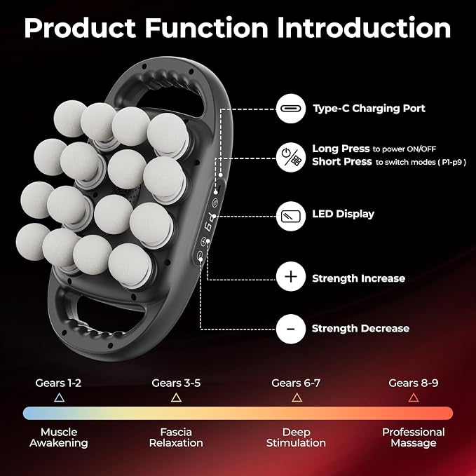 16 Head Massage Gun, Deep Tissue Percussion Massager for Athlete with 9 Modes & 9 Speeds, Portable & Quiet Handheld Electric Muscle Massager for Back, Neck and Shoulder