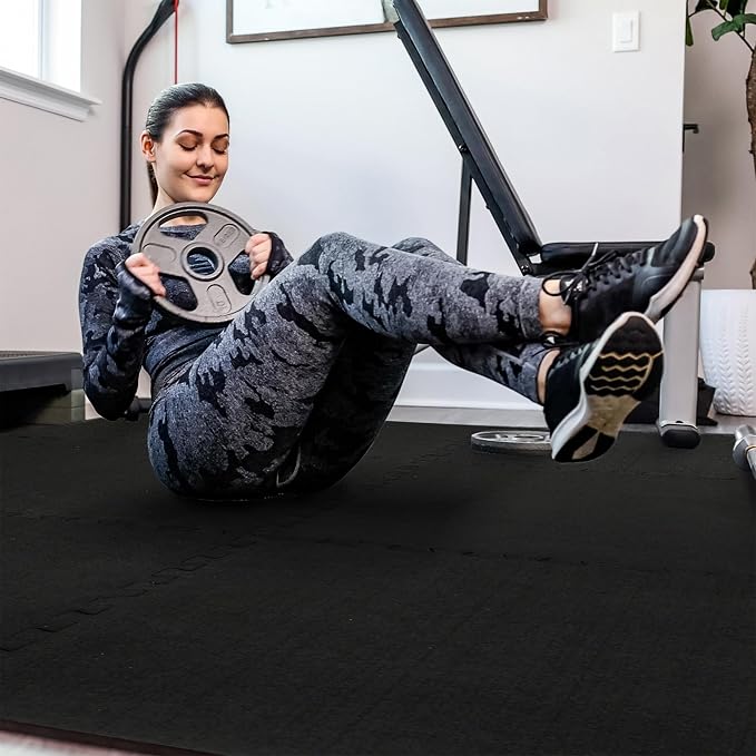 SUPERJARE 0.4'' Thick 36 Pcs 144 Sq Ft Rubber Top Exercise Equipment Mats, High Density EVA Foam Mats with Rubber Top, Interlocking Gym Flooring for Home Gym, Protective Workout Mat, Black