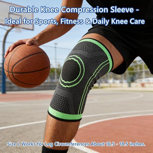 Knee Compression Sleeve For Women Men, Knee Braces for Knee Pain, Running Knee Brace, Knee Support For Knee Joint Pain (Gray with Green, Large)