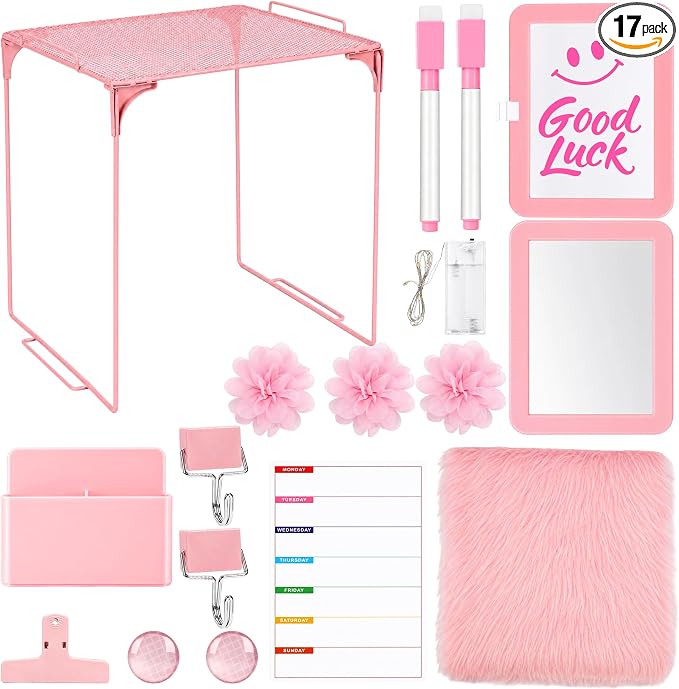 17 PCS Locker Accessories for Girls Locker Decoration Kit with Locker Shelf Magnetic Mirror Whiteboard Pen Holder Rug Wallpaper Lights Locker Organizer Set for School Dorm Gym Office (Pink)