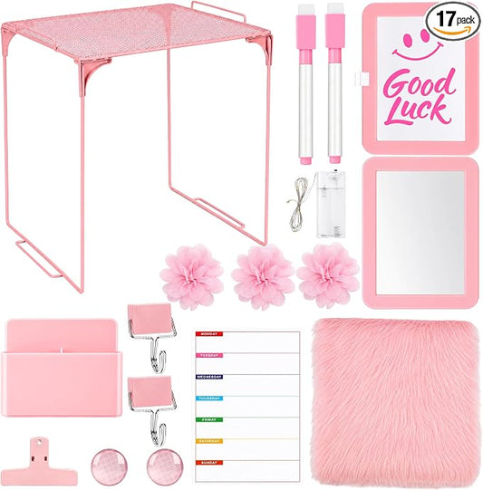17 PCS Locker Accessories for Girls Locker Decoration Kit with Locker Shelf Magnetic Mirror Whiteboard Pen Holder Rug Wallpaper Lights Locker Organizer Set for School Dorm Gym Office (Pink)