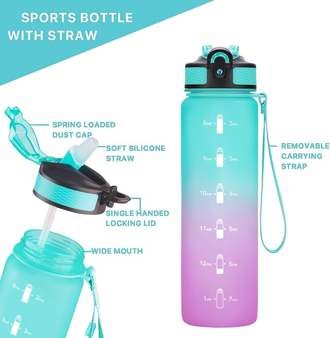 EYQ 32oz Water Bottle with Straw, Time Marker, Blue Purple | Blue Purple Tritan, BPA Free, Time Marker, Leakproof Lock Lid, Wide Mouth, for Gym, School, Office and Travel