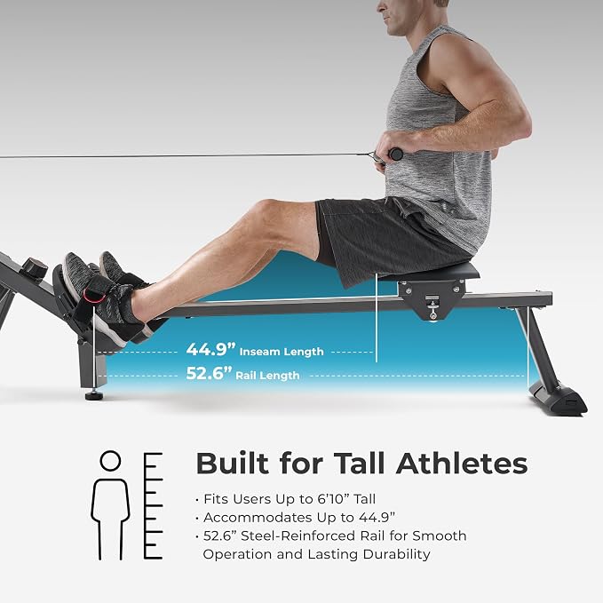 Sunny Health & Fitness Air Rowing Machine, Space-Saving Rower with Long Rail and Upright Storage for Home Gym, Full-Body Cardio Workout, Free SunnyFit Training App