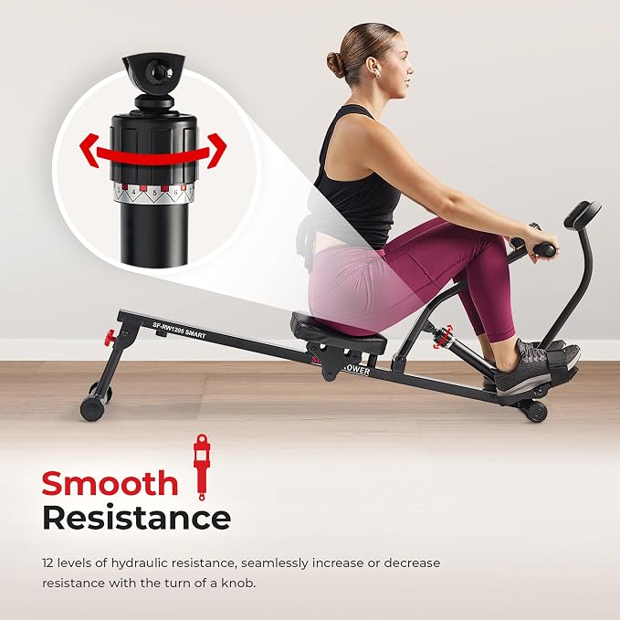 Sunny Health & Fitness Compact Hydraulic Rower with 12-Level Resistance | Full-Body Cardio, Joint-Friendly, Lightweight & Portable, Quiet & Smooth Ride, Easy-Assembly, Free SunnyFit App