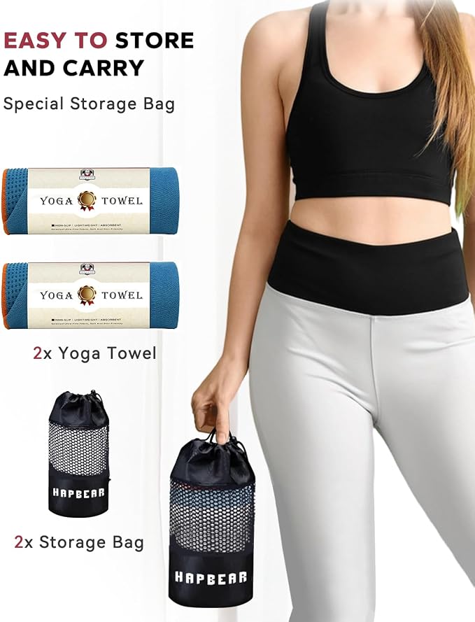 HAPBEAR 2 Pack Non Slip Yoga Mat Towel with Grip Dots, 72" x 24" Hot Yoga Towel - Super Absorbent Microfiber Yoga Towel for Hot Yoga, Bikram, Pilates and Gym Workout - Blue