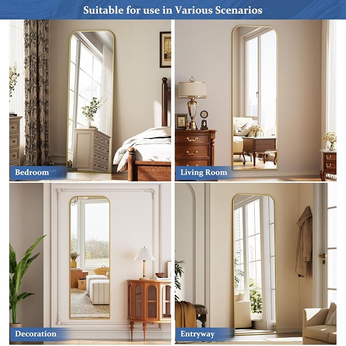 Full Length Mirror 56"x21" Arched Floor Standing Large Mirrors | Full Body Mirror with Stand - with Aluminum Frame for Bedroom Living Room, Gold