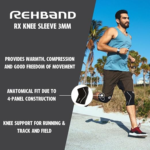 Rehband Knee Sleeve 3mm Neoprene, Lightweight Knee Brace for Endurance and Ball Sports, Unisex Compression Starter Knee-Sleeves, Breathable Running Knee Support, Colour:Black - 1 Pair, Size:Large