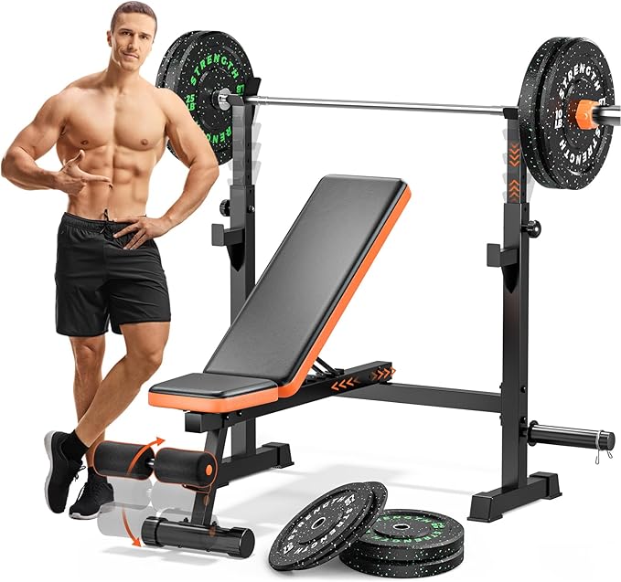 Fostoy Adjustable Weight Bench with Squat Rack & Incline Design | 770LB Heavy Duty, Flat & Incline Positions, Removable Foot Catch, Olympic Bench Press Station, Home Gym Strength Training