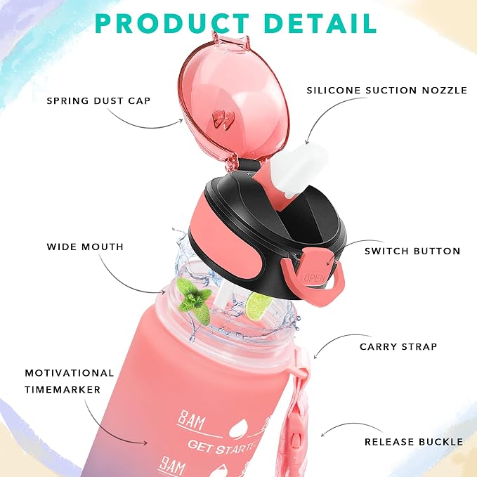 Enerbone 32 oz Drinking Water Bottle with Times to Drink and Straw, Motivational with Carrying Strap, Leakproof BPA & Toxic Free, Ensure You Drink Enough Water for Fitness Gym Outdoor