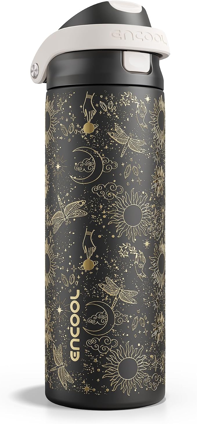 ENCOOL Leakproof Insulated Water Bottle with Straw Dual-Sip Water Bottle Bag-Safe Design for Work, Commute & Gym – Keeps Drinks Cold All Day, 24 oz, Oracle Moth
