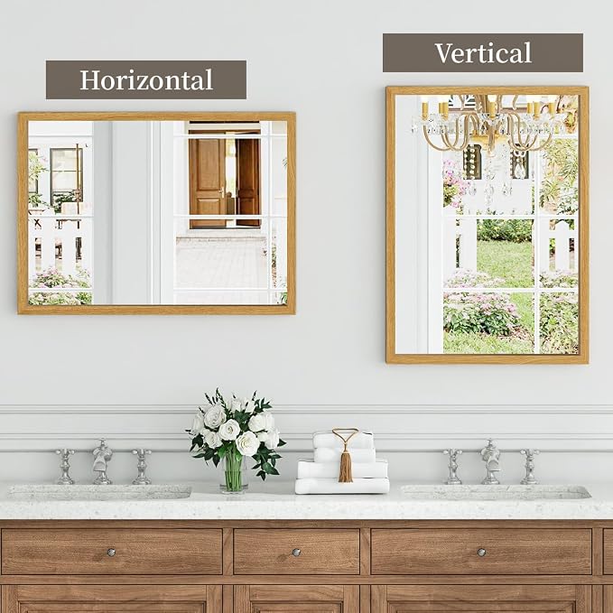Syndra Natural Wood Frame Bathroom Mirror, 22x30'' Modern Vanity Mirror for Wall, Waterproof Slim Deep Frame, Rectangular HD Tempered Glass Mirror for Living Room, Bedroom, Entryway, Rustic, Farmhouse