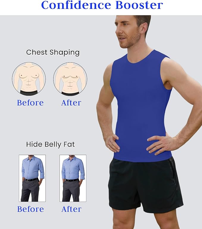 Compression Shirt Men Slimming Body Shaper Vest Crewneck Workout Tank Top | Tummy Control Undershirts, Gynecomastia Compression Shirts, Back Support, Sleeveless Muscle Shirts, Shaping Tank Top