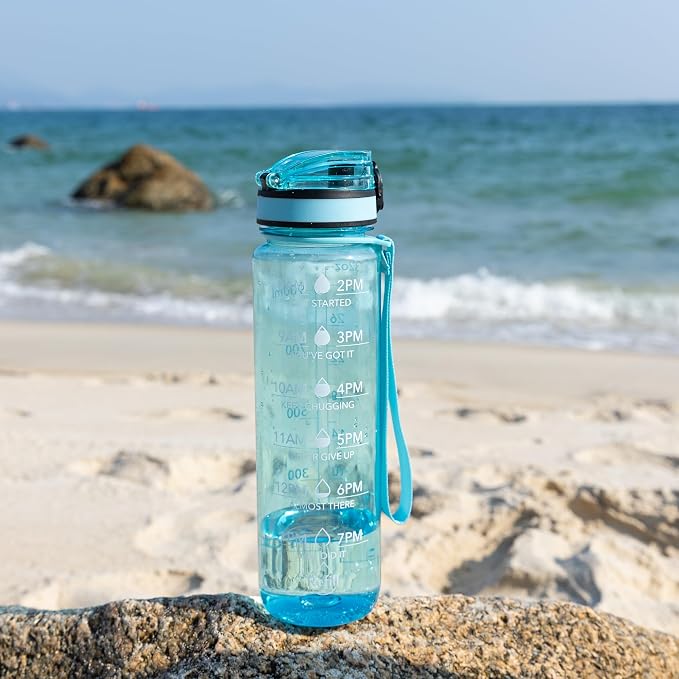 OLDLEY Water Bottle, 32oz Motivational Sports Water Bottle with Time Marker - Times to Drink - Tritan, BPA Free, Wide Mouth Leakproof,Surfer