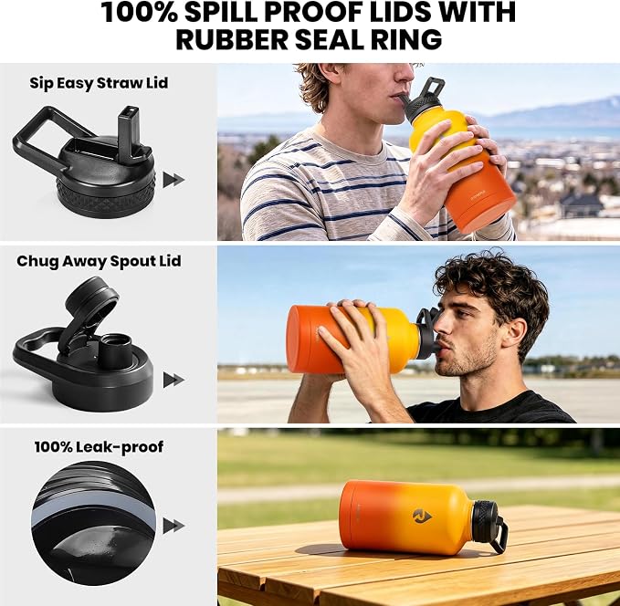 RAYMYLO Insulated Water Bottle 64 oz, Triple Wall Vacuum Stainless Steel (Cold for 48 Hrs), Leak Proof & Non-BPA, Half Gallon Water Flask Jug with Paracord Handle & Straw Spout Lids, Ombre Orange | (Cold for 48 Hrs), Leak Proof & Non-BPA, Half Gallon W...