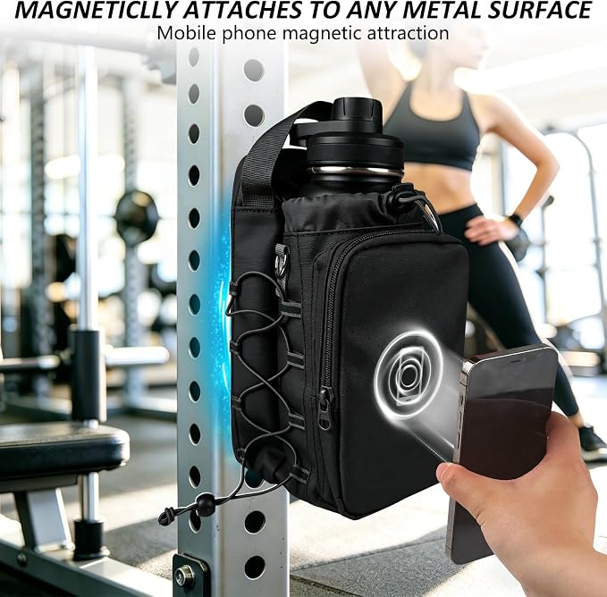 JACZZO Magnetic Gym Bag, Water Bottle Holder,Hands-Free Phone Mount,Gym Gifts for Women and Men (Black)