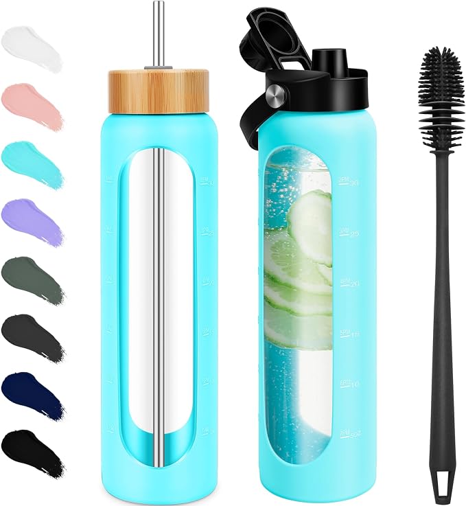 FULBEVY 32 oz Glass Water Bottles - 1 Liter Motivational Tumbler Water Bottle Time Marker - Borosilicate Glass Water Bottle With Silicone Sleeve and 2 Lids, Handle Spout & Bamboo Straw Lid (Teal)