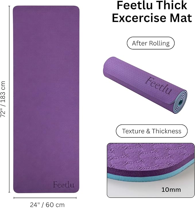 Extra Thick Yoga Mat with Carry Strap, 10mm Non-Slip Exercise Mat, 72 x 24 Inch Cushioned Workout Mat for Yoga, Pilates, Stretching & Floor Exercises