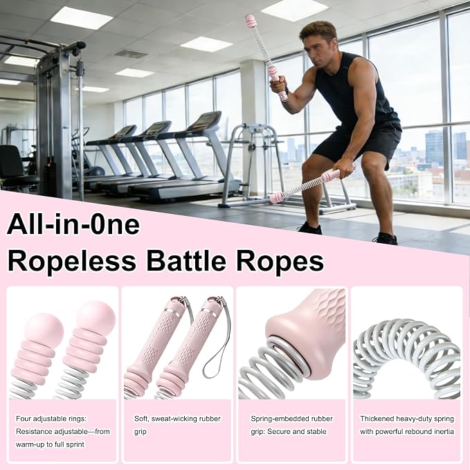 2PCS Weighted Ropeless Battle Ropes for Home Gym for Men & Women, Heavy Duty Cordless Battle Rope with Storage Bag, Strength & Low-Impact Cardio for HIIT Workouts, Cardio & Muscle Training-Pink