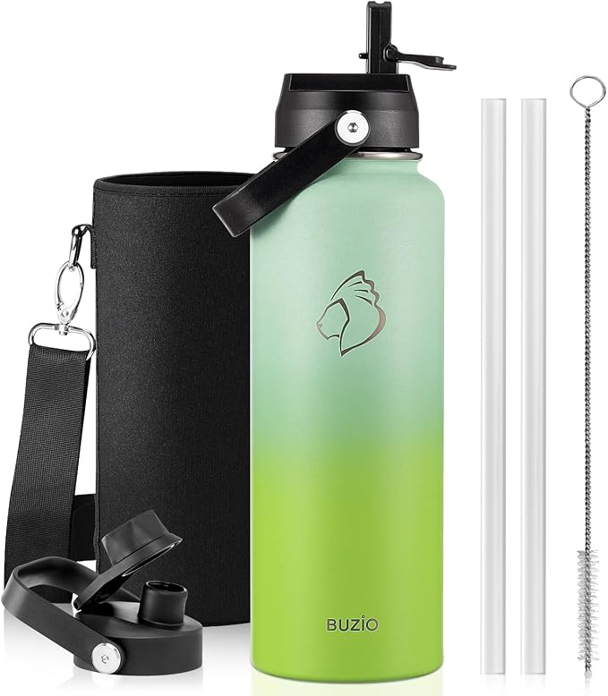 BUZIO Triple Wall Vacuum Water Bottle with Dust-proof Straw & Spout Lids | 40 oz Insulated Stainless Steel Water Flask (Cold for 48 Hrs/Hot for 24 Hrs), Dishwasher Safe, Leakproof, Non-BPA, for Hiking