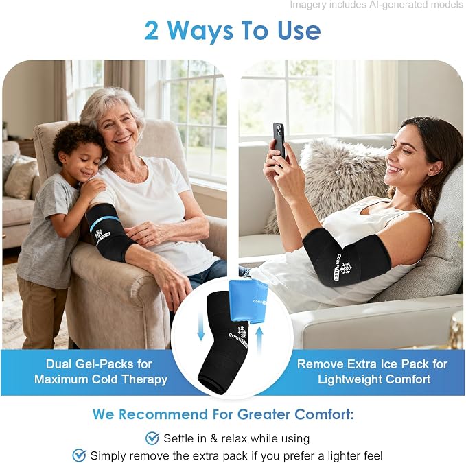 ComfiTECH Dual-Gel Elbow Ice Pack Wrap for Arm with 30-Min Cooling, M, 2P | Reusable Gel Forearm Brace for Tendonitis & Injuries, Cold Compression Sleeve for Pitchers, Tennis Elbow & Golfer Arm Relief