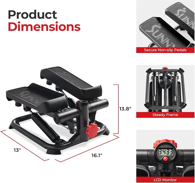Sunny Health & Fitness Mini Stepper w/LCD Monitor & Adjustable Step Height | Fully Assembled, Stable Frame Design, Home Cardio Training, Hydraulic Stepper, Fits Everywhere, Resistance Bands Option