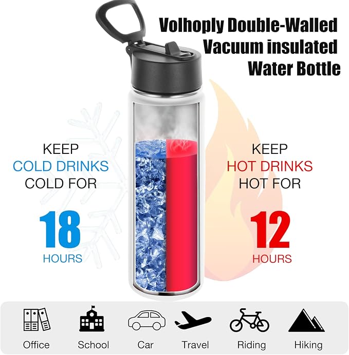 Volhoply 24oz Insulated Water Bottle with Straw Bulk 8 Pack,Not Suitable for Sublimation,Metal Wide Mouth Water Bottles with Handle Lid Keep Cold,Reusable Double Wall Cups(White,8 Count)