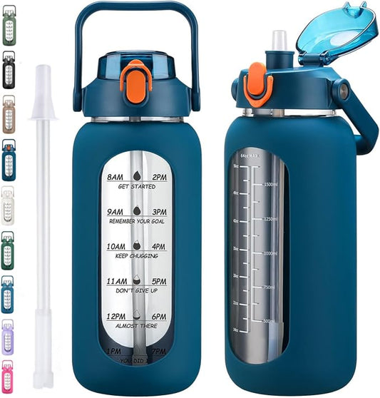 64oz Glass Water Bottles with Straw, Half Gallon Motivational Glass Bottle with Silicone Sleeve and Time Marker, 2L Leakproof Large Glass Water Jug for Gym Home Office,Blue