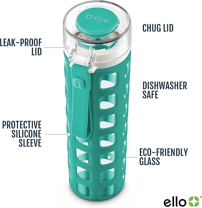 Ello Syndicate 20oz Glass Water Bottle with Flip Lid and Sleeve, Mint | Glass water bottle for iced drinks with leakproof flip lid, silicone sleeve, carry loop, BPA-free, and dishwasher safe