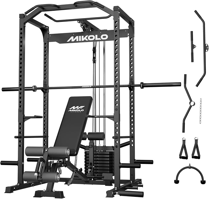 Mikolo F4 2.0 Power Cage with Dual-Track Smooth Pulley System, 1200LBS Power Rack with Leg Hold-Down for Heavy LAT Pulldowns