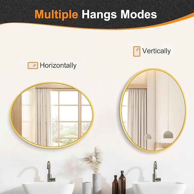 Bathroom Vanity Mirror for Wall, 28''x22'' Gold Oval Bathroom Mirror for Over Sink, Bedroom, Living Room, Entryway, HD Tempered Glass, Wall Mounted Horizontally or Vertically