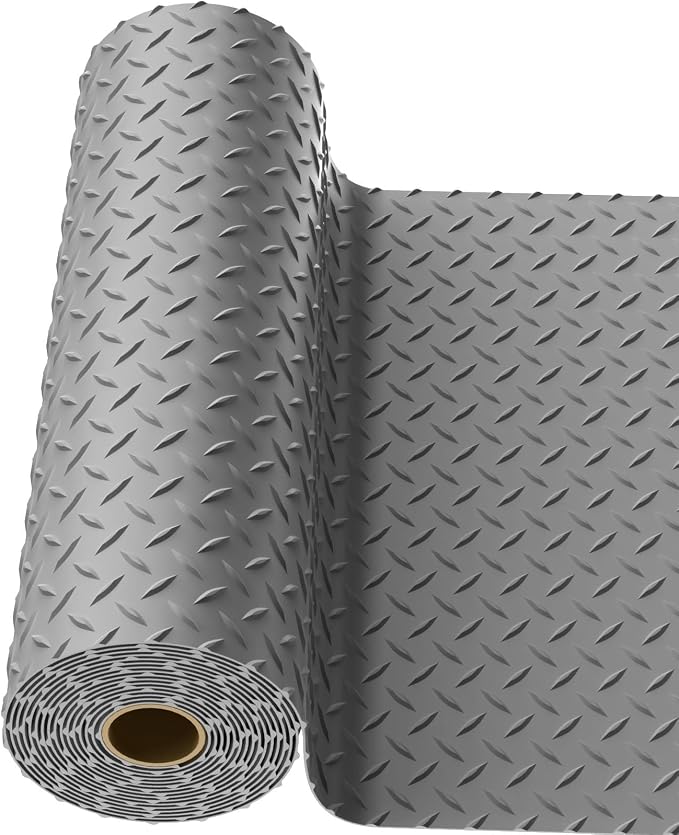 4x25 FT Garage Floor Mat, 2.8mm Thickened Diamond Plate | PVC Flooring Roll for Under Car/Golf Cart/Motorcycle, Garage Mat for Warehouse/Basement/Gyms/Trailer, Tapes Included, Gray