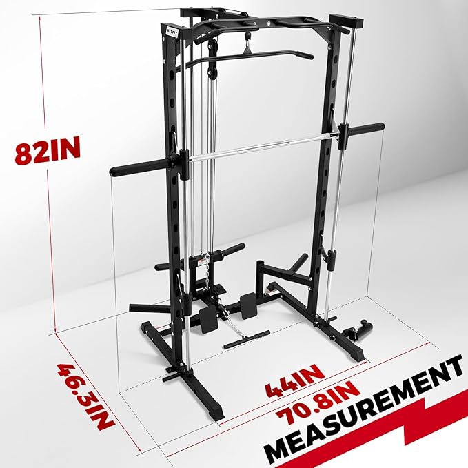 RitFit Smith Machine Power Rack with LAT-Pull Down System | Half Smith Machine with Landmine, Barbell Bar, Plate Storage Pegs and More Training Attachment
