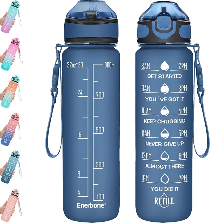 Enerbone 32 oz Water Bottle with Times to Drink and Straw, Motivational Drinking Water Bottles with Carrying Strap, Leakproof BPA & Toxic Free, Ensure You Drink Enough Water for Fitness Gym Outdoor