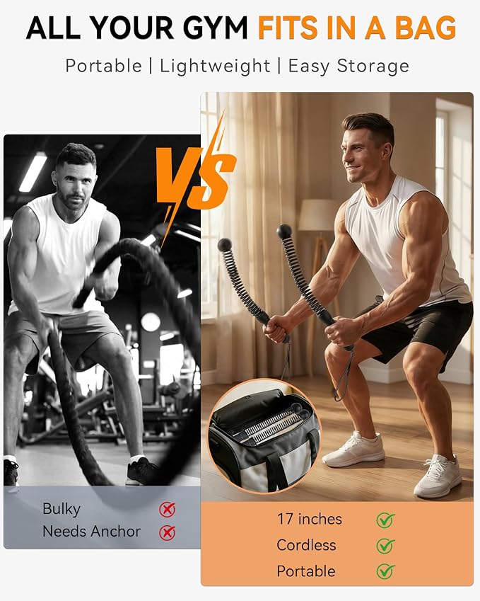 Weighted Ropeless Battle Ropes – Cordless Battle Ropes, Portable & Quiet Home Gym Workout Equipment | Low-Impact HIIT & Strength Training for Men & Women | Includes Workout Poster-Black