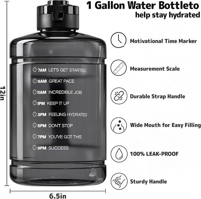 1 Gallon Water Bottle, Water Jug with Time Marker & Straw & Handle,2 Lids | BPA Free,Gallon Water Jug, Half Gallon water Bottle for Sport Gym Camping Workout Outdoors Yoga (Clear Black)