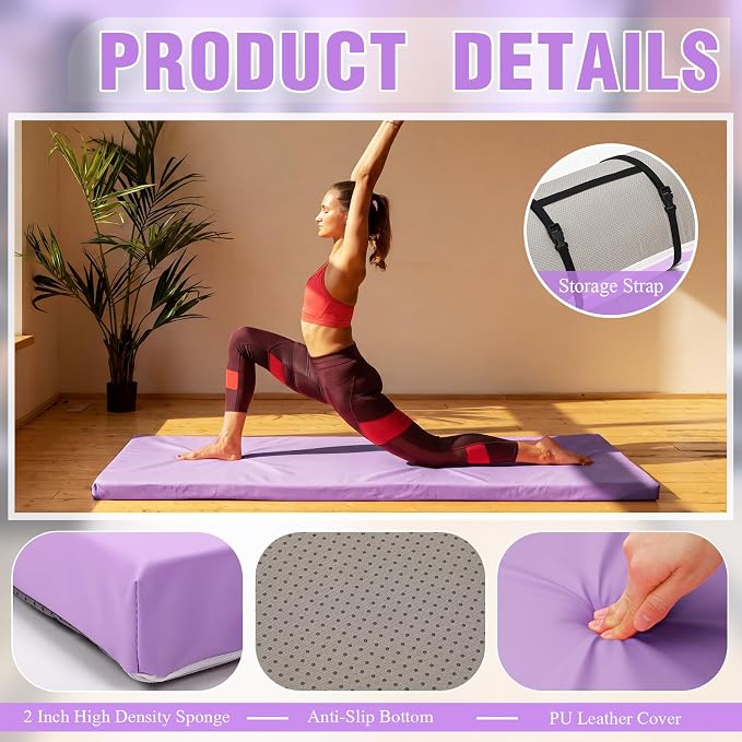 Lyrow 2 Inch 72"x24" Thick Foldable Yoga Mat with Carry Strap, Non-slip Portable Foam Gym Mat for Yoga, Pilates and Stretching