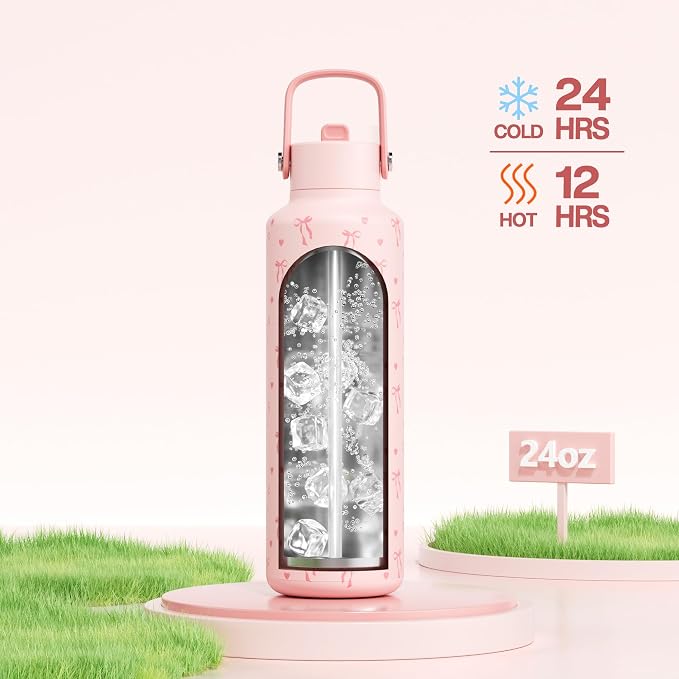 POWCAN 24 oz Insulated Water Bottle: Leakproof, Cup Holder Friendly, Cold for 24H, BPA-free, Top Handle, Double Walled Metal Water Bottle for Student, Girl, School, Camping, Daily (Sweetheart Bow)