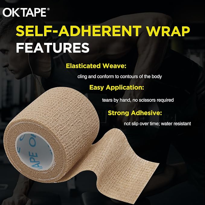 OK TAPE 12 Rolls Self Adhesive Bandage Wrap, Cohesive Elastic Athletic Tape | Vet Wrap, Sports Tape, Medical Wrap for Wrist, Feet, Self Stick Bandage Tape, 2" x 5 Yards - Beige