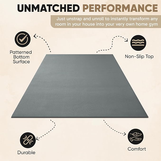 Gorilla Mats Large Exercise Mat – 6'x4', 7'x4', 7'x5', 8'x4', 10'x4' (1/4" Thick) – Ultra Durable Workout Mat for Home Gym Flooring – Non-Slip, Flat Fitness, Yoga & Weight Lifting Floor Mat
