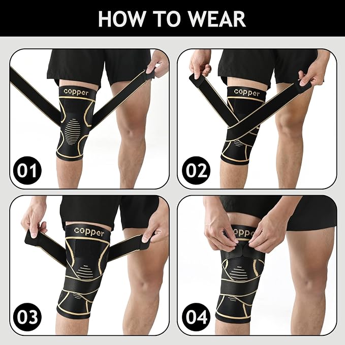 JHVW Copper Knee Brace for Women Men 2-Pack, Knee Compression Sleeve with Straps, Knee Braces for Knee Pain, Knee Support for Running Working