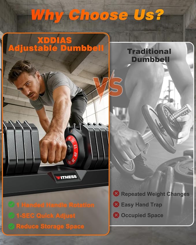 XDDIAS Adjustable Dumbbell Set for Home Gym Workout | 25 to 90 lbs, non-slip knurled grip, compact storage, one-hand adjustable
